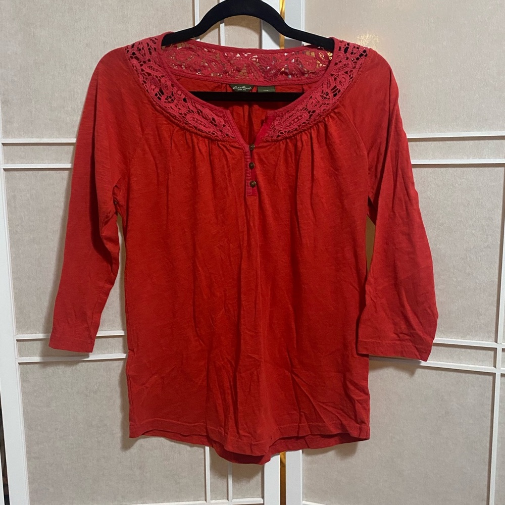 Eddie Bauer red crochet Henley XS